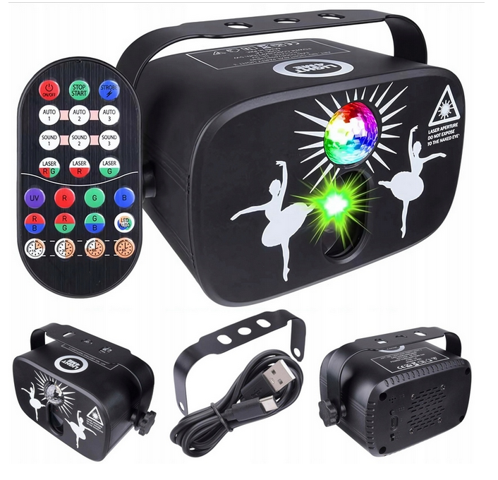 EFEKT ŚWIETLNY LED OŚWIETLENIE DISCO NA IMPREZĘ LASER KULA RGB + PILOT